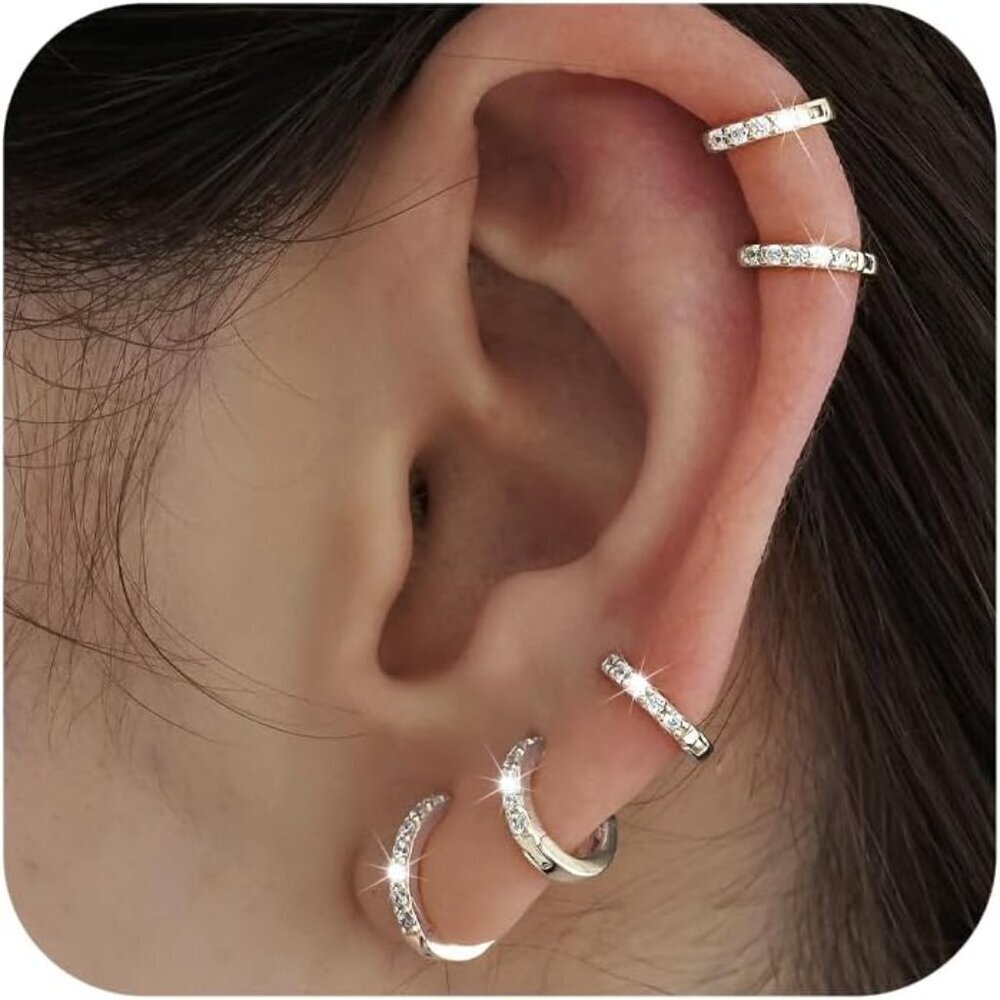 5 Pcs Gold S925 Sterling Silver CZ Hoop Earrings Set - Trendy Waterproof Lightwe